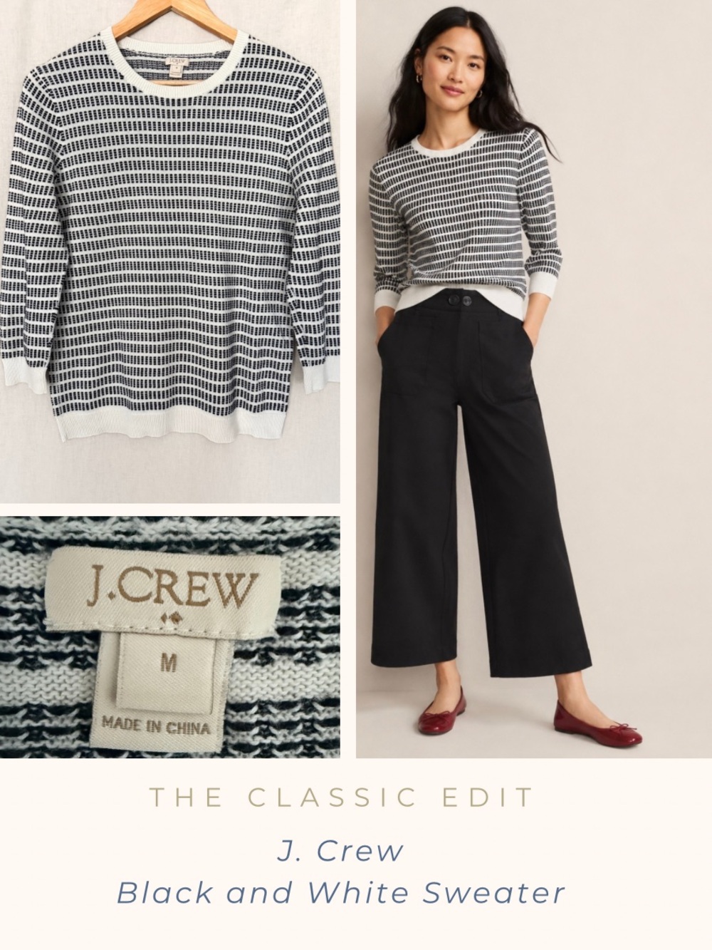 J.Crew Black and White Striped Patterned Knit Crewneck Sweater | 100% Cotton